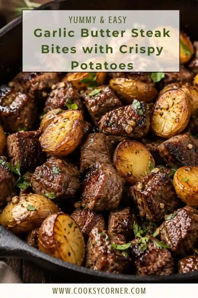 Juicy garlic butter steak bites paired with golden roasted baby potatoes in a skillet. An easy high-protein family dinner recipe.