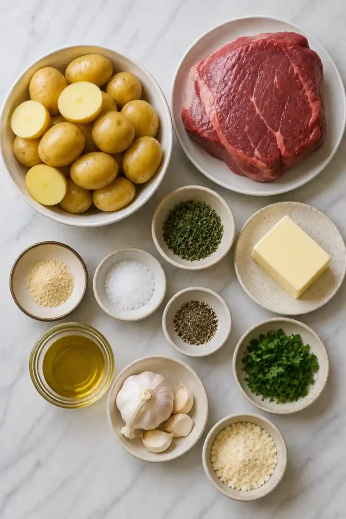 One-pan Garlic Butter Steak Bites with Crispy Potatoes garnished with fresh herbs. A comforting weeknight dinner ready in 40 minutes.