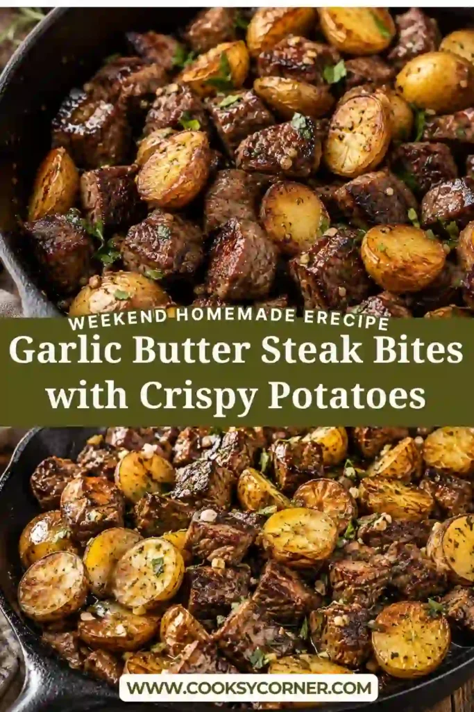 Garlic Butter Steak Bites with Crispy Potatoes served in a cast-iron skillet with fresh parsley and thyme. A flavorful one-pan steak dinner.