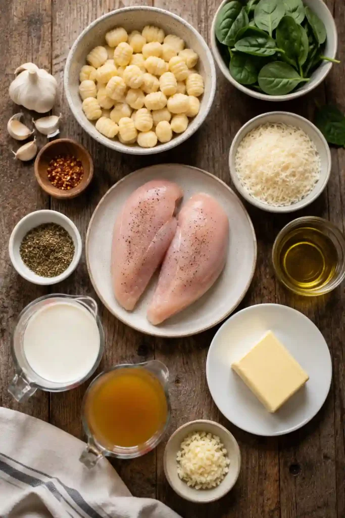 Creamy Garlic Chicken Gnocchi Skillet with golden chicken thighs, potato gnocchi, spinach, and mushrooms in a rich garlic sauce. Fresh parsley and Parmesan finish the skillet dinner.