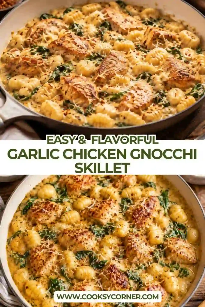 Creamy chicken gnocchi with juicy chicken thighs, golden potato gnocchi, spinach, and mushrooms in a skillet. Parmesan, parsley, and red pepper flakes add a colorful finish.