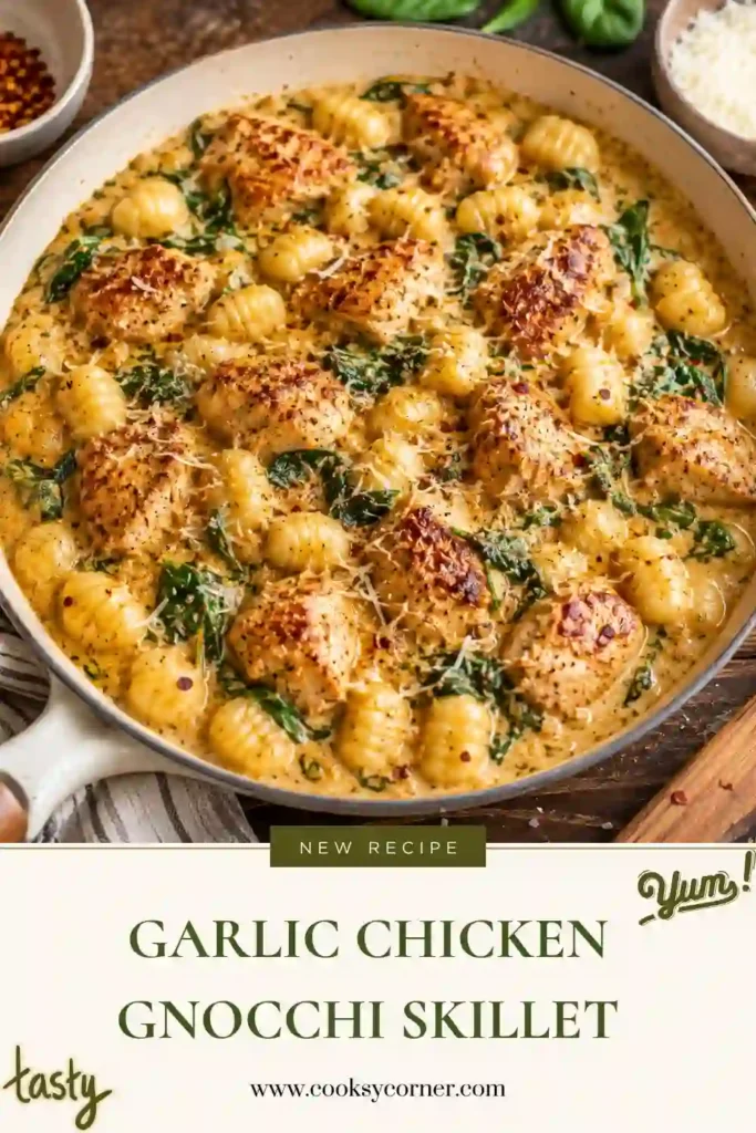 Easy gnocchi dinner featuring browned chicken thighs, soft potato gnocchi, fresh spinach, and mushrooms. A creamy garlic sauce coats the chicken and gnocchi.