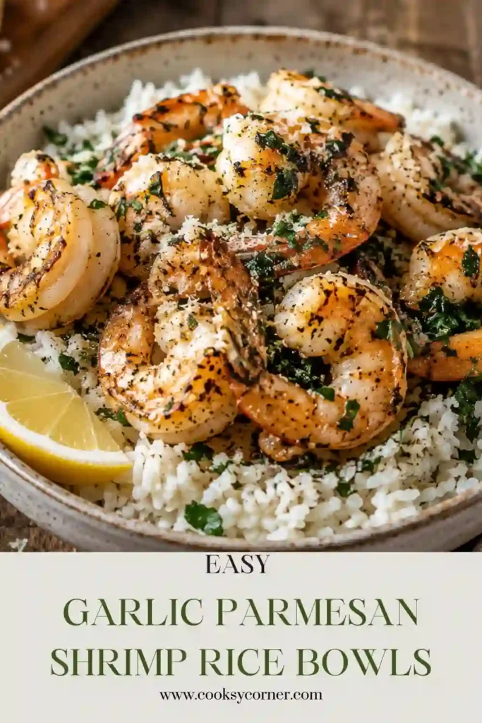 Garlic butter shrimp coated with Parmesan and served over freshly cooked rice with parsley and lemon. These Garlic Parmesan Shrimp Rice Bowls make a simple and flavorful weeknight meal.