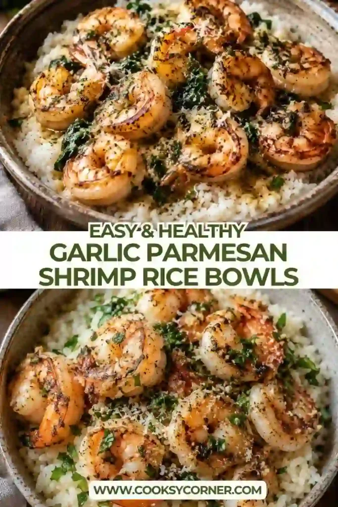 A warm shrimp rice bowl topped with tender garlic butter shrimp, Parmesan cheese, and chopped fresh parsley. This easy rice bowl recipe combines savory, buttery flavors with fluffy rice.