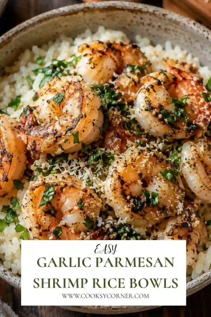 Garlic Parmesan Shrimp Rice Bowls with juicy shrimp cooked in butter, garlic, and grated Parmesan over fluffy white rice. Fresh parsley and lemon add color and brightness to this easy shrimp dinner.