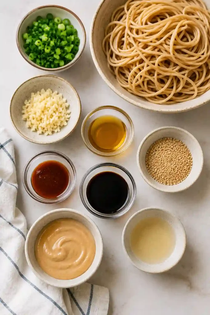 Garlic Sesame Noodles coated in a creamy tahini and toasted sesame sauce with fresh scallions and crushed peanuts. The brown rice noodles are glossy, savory, and lightly spicy.