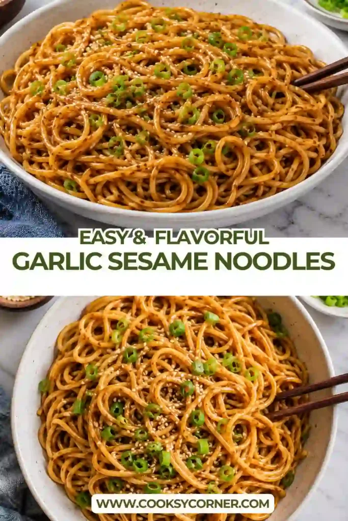 Spicy sesame noodles served in a bowl with scallions, crushed peanuts, and red pepper flakes. The creamy garlic tahini sauce coats each strand of brown rice noodles.