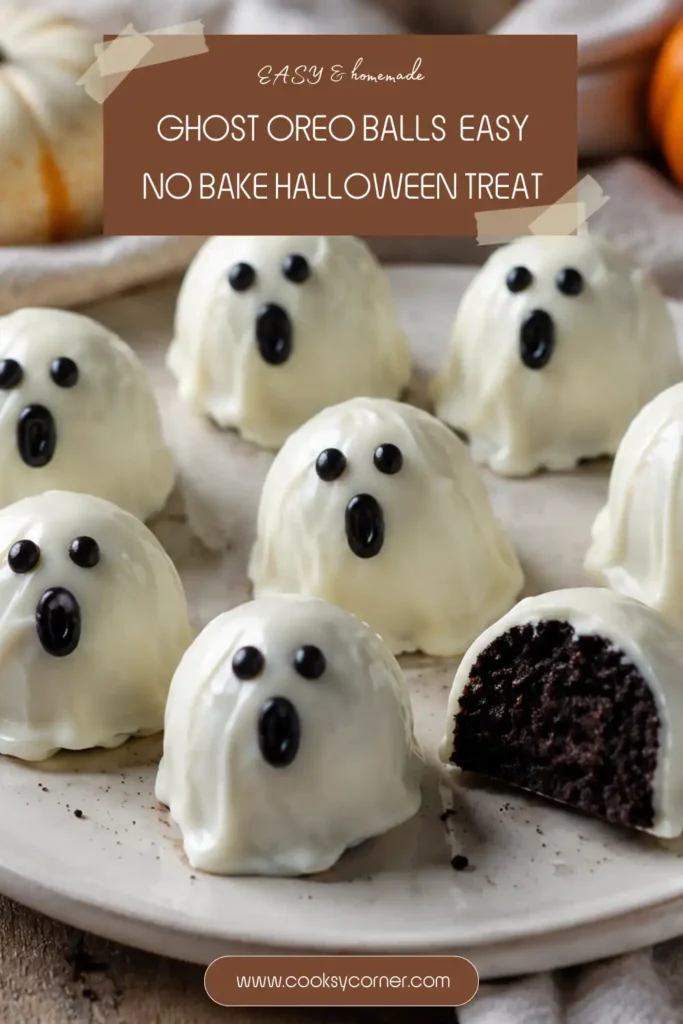 Easy Ghost Oreo Balls decorated with black chocolate eyes and mouths for Halloween. These no-bake Oreo truffles make a playful Halloween party treat.