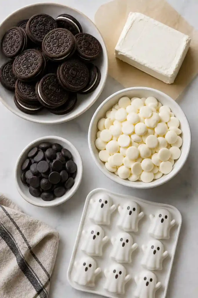 White chocolate Oreo ghost truffles arranged as an easy Halloween dessert. The creamy cookies-and-cream centers contrast with the crisp white chocolate coating.