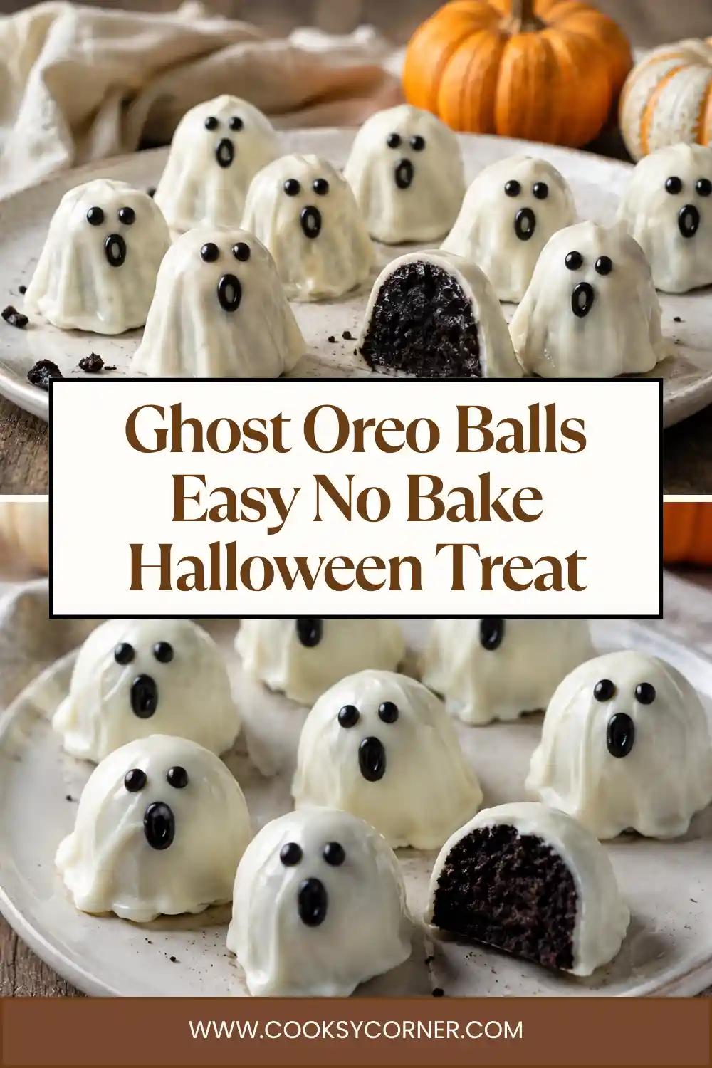 Ghost Oreo Balls made with crushed Oreo cookies and cream cheese, coated in smooth white chocolate and decorated with dark ghost faces. These no-bake Halloween treats are arranged on a festive dessert plate.