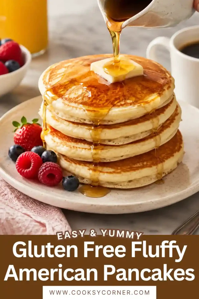 Close-up of fluffy gluten-free pancakes drizzled with maple syrup and garnished with blueberries. The pancakes have a soft interior and golden exterior.
