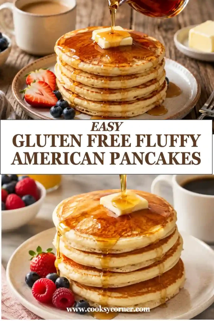 Freshly cooked homemade gluten-free American pancakes stacked high with butter melting over the top. The fluffy pancakes are served with maple syrup for a classic breakfast.