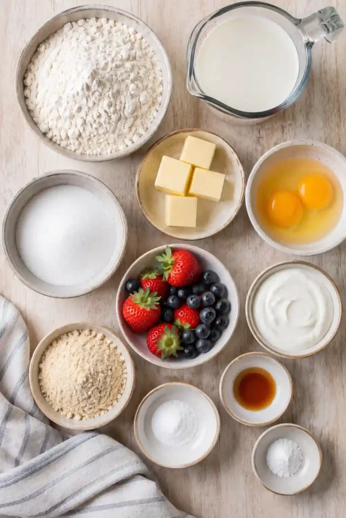 A breakfast plate featuring Gluten-Free Fluffy American Pancakes with fresh strawberries, butter, and maple syrup. The pancakes are thick, golden, and freshly cooked.