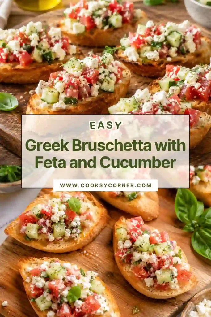 Greek Bruschetta topped with diced Roma tomatoes, cucumber, crumbled feta, green onions, and Mediterranean herbs. The colorful topping is served over golden toasted baguette slices.
