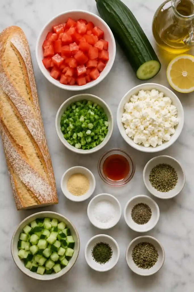 Greek feta bruschetta served on golden crostini with juicy tomatoes, crisp cucumber, green onion, and herbs. The Mediterranean appetizer has a fresh and colorful presentation.