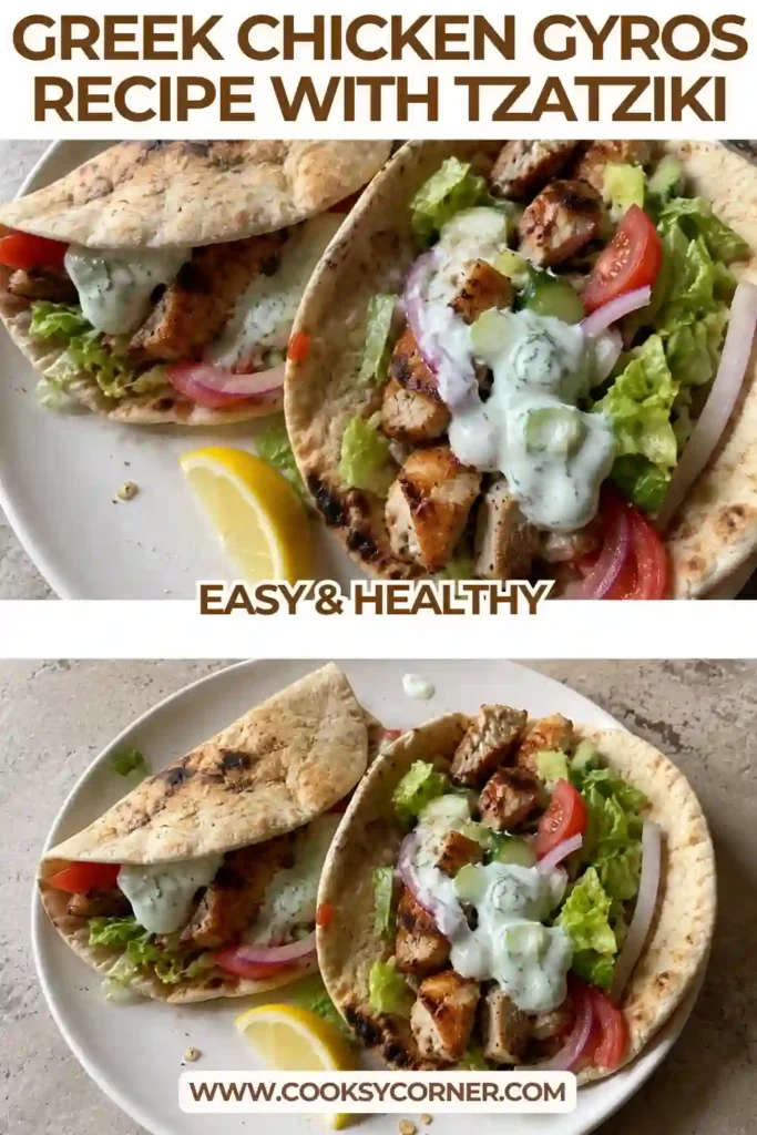 Chicken gyros with tzatziki served in soft pita bread with fresh tomato cucumber salad and parsley. The golden marinated chicken is seasoned with lemon, garlic, and oregano.
