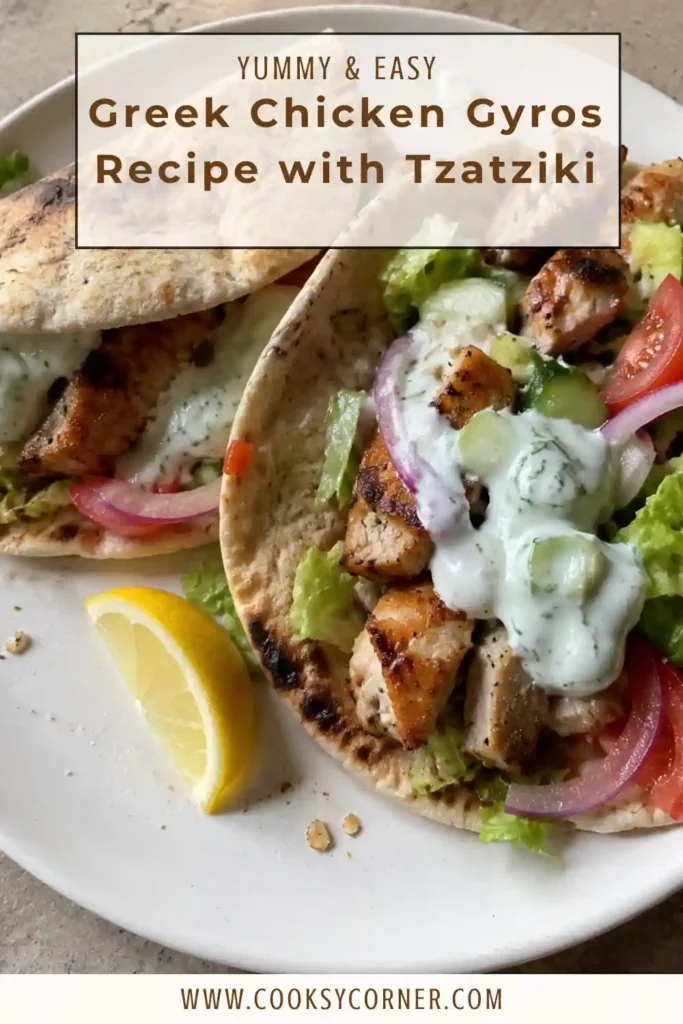 Homemade Greek chicken gyros filled with juicy grilled chicken thighs, creamy tzatziki, cucumber, tomato, and red onion. Warm pita wraps hold the colorful Mediterranean-inspired filling.