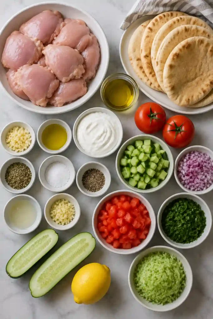 Greek Chicken Gyros Recipe featuring warm pita filled with sliced chicken, creamy homemade tzatziki, cucumber, tomato, onion, and fresh herbs. The colorful gyro is served with lemon and extra tzatziki.