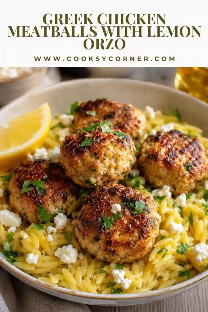 Tender Greek chicken meatballs with bright lemon orzo garnished with parsley and feta. This easy Mediterranean recipe features fresh herbs and vibrant citrus flavors.