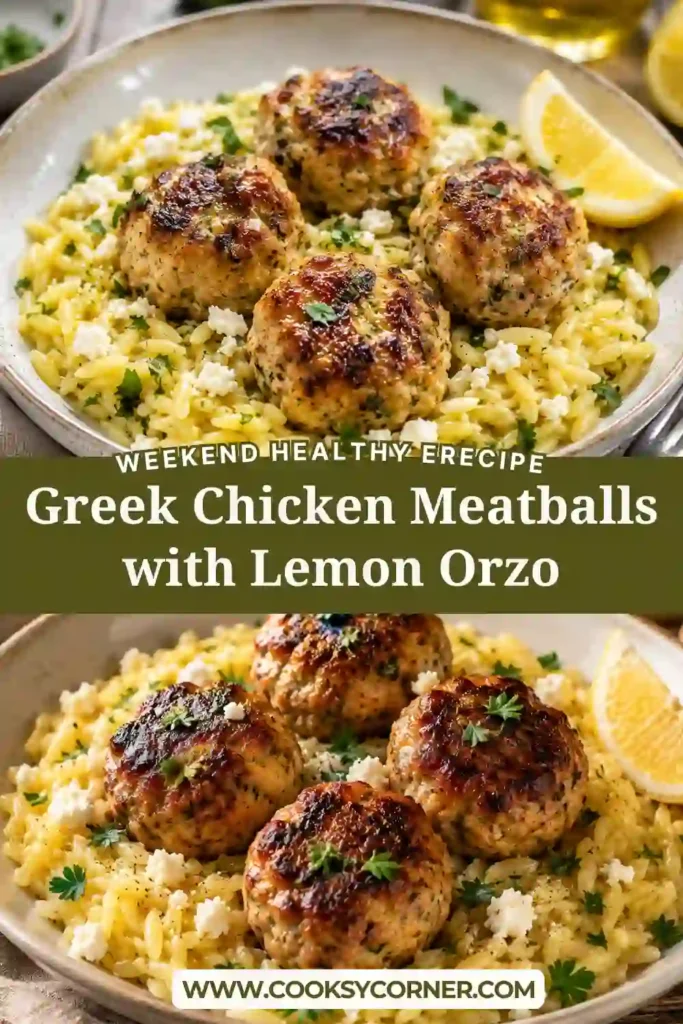 A plate of juicy Greek chicken meatballs served over zesty lemon orzo with fresh parsley and crumbled feta. This Mediterranean-inspired dinner is colorful, fresh, and perfect for weeknight meals.