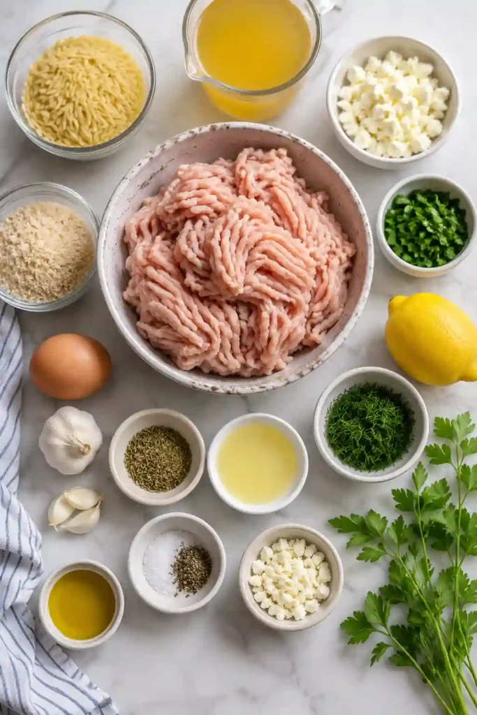 Healthy Greek chicken meatballs served on buttery lemon orzo with fresh parsley and crumbled feta. A delicious baked chicken dinner that's simple, hearty, and satisfying.