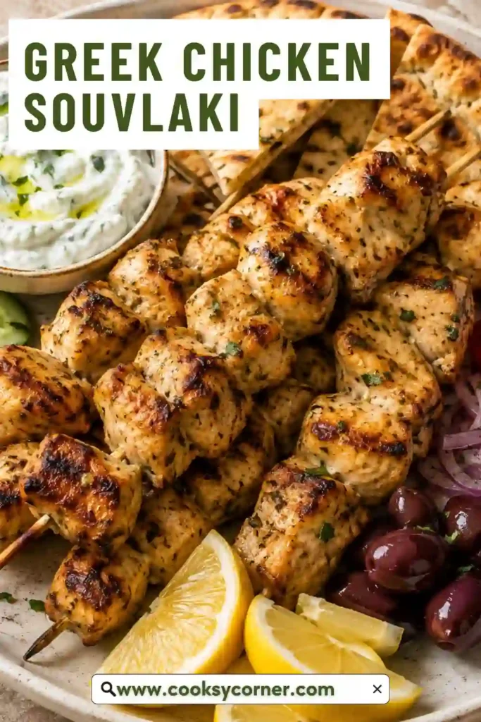Greek Chicken Souvlaki featuring golden grilled chicken pieces threaded onto skewers with fresh herbs and lemon wedges. Creamy tzatziki is served alongside the tender chicken.