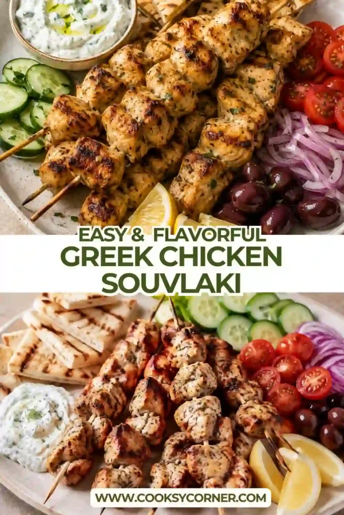 Grilled Greek chicken skewers with lightly charred edges, oregano, lemon, and garlic. The chicken souvlaki is served on a platter alongside cool tzatziki sauce.