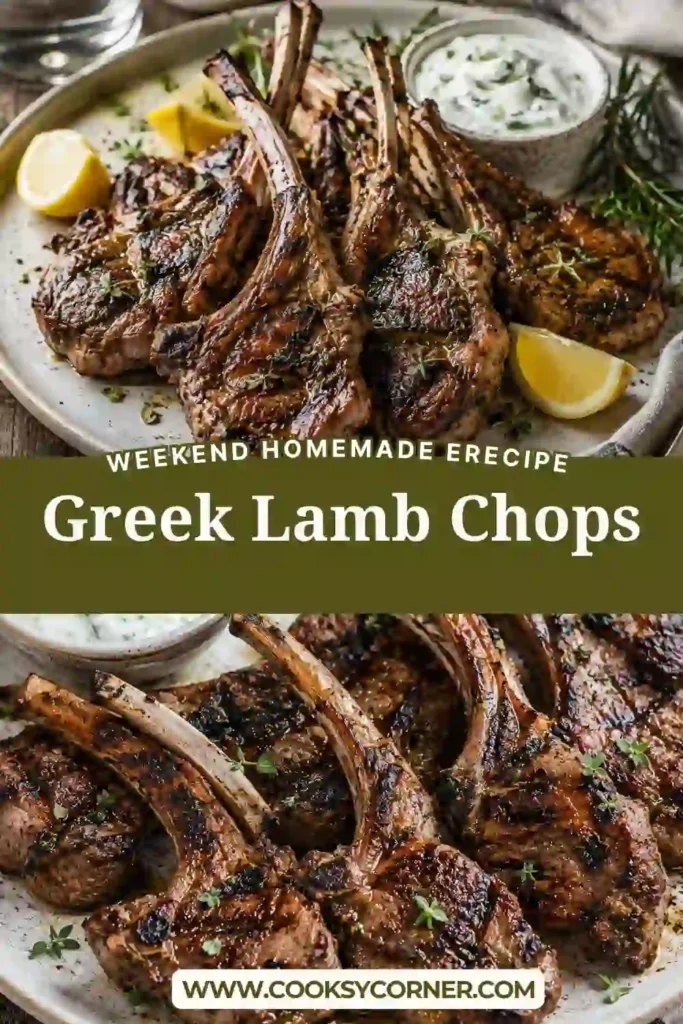 Juicy grilled lamb chops coated in a Greek lamb marinade with lemon, garlic, oregano, rosemary, and extra virgin olive oil. Fresh herbs and lemon wedges complete the Mediterranean-style dish.