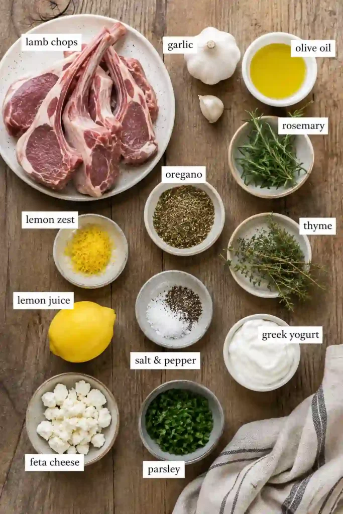 Tender Mediterranean lamb chops arranged on a serving plate with lemon wedges and fresh oregano. The lamb is marinated in a simple lemon garlic herb mixture before grilling or pan searing.