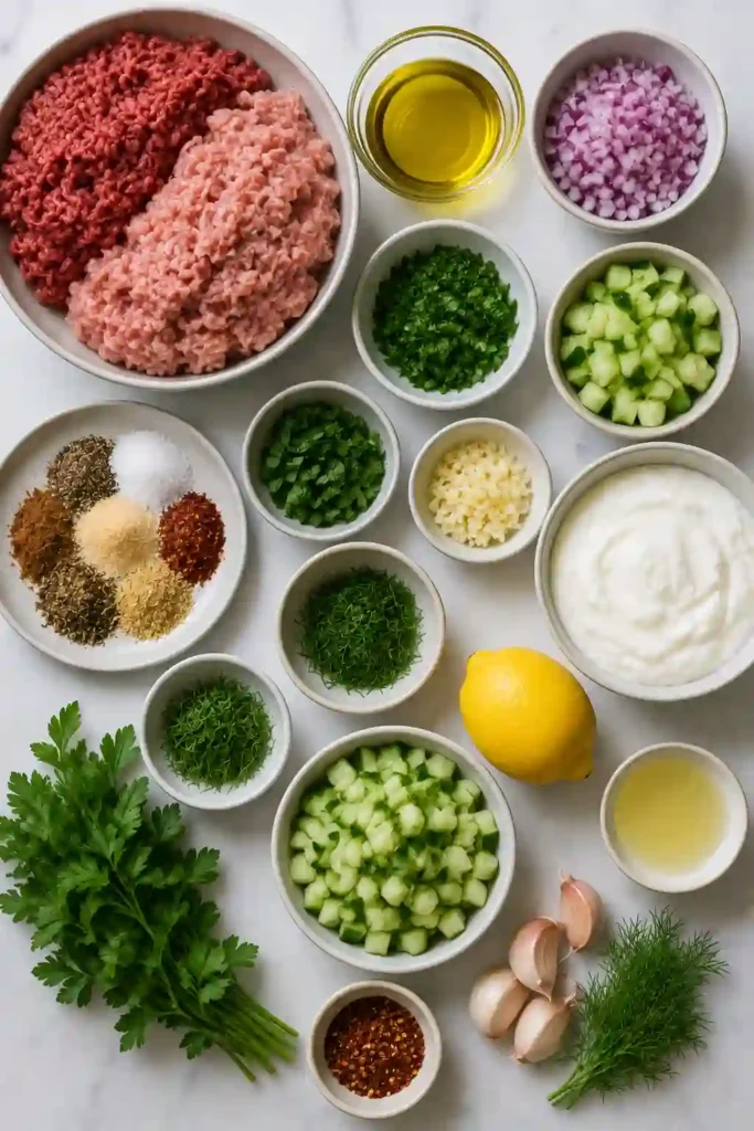 Mediterranean meatballs with browned edges served beside creamy cucumber and dill tzatziki. Fresh mint, parsley, lemon, and red onion complement the juicy baked meatballs.