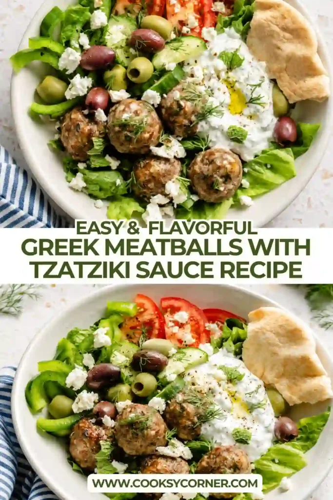 Greek Meatballs with Tzatziki Sauce featuring golden baked beef and lamb meatballs seasoned with fresh Mediterranean herbs. Creamy cucumber-dill yogurt sauce is served alongside with lemon and fresh herbs.