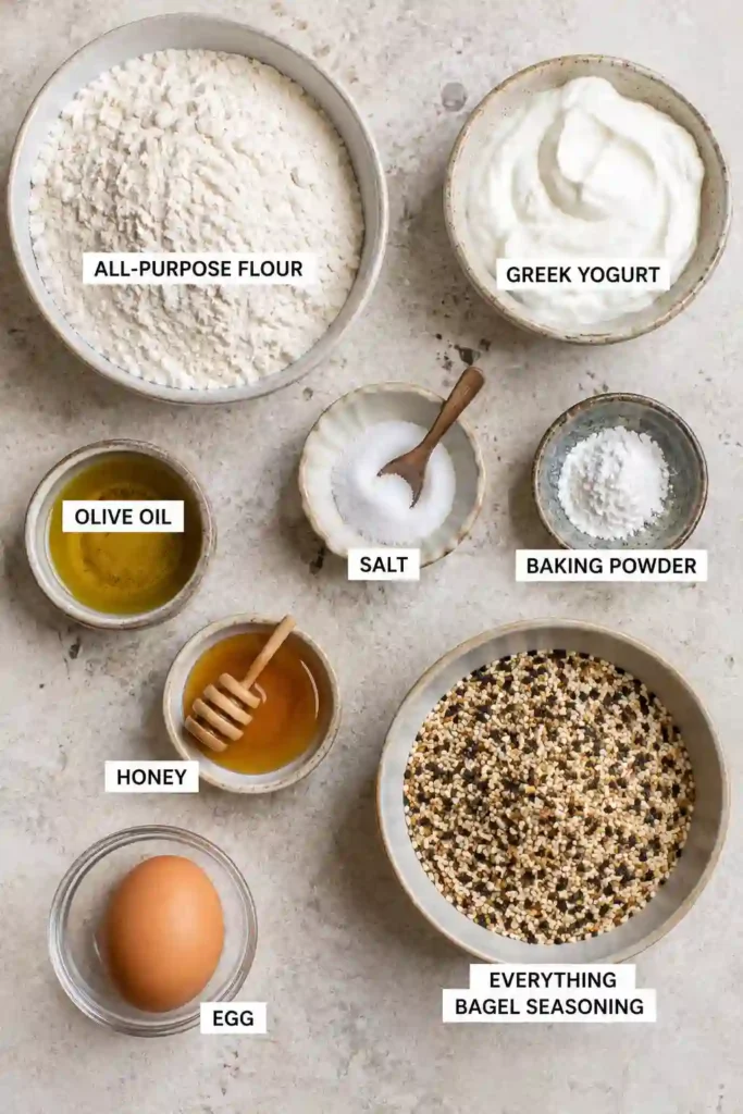 Close-up of Everything Yagels made with Greek yogurt and self-rising flour, topped with everything bagel seasoning. Freshly baked and ready to serve warm.