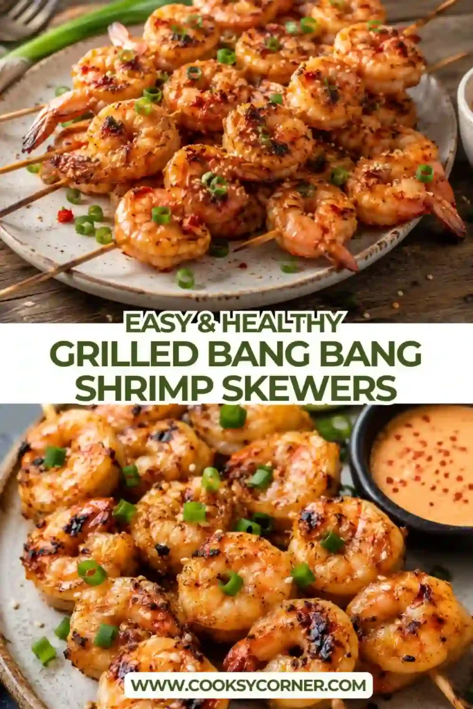Juicy grilled shrimp skewers glazed with homemade bang bang sauce made from mayonnaise, sweet chili sauce, sriracha, and lime. Fresh scallions add color to these spicy shrimp skewers.