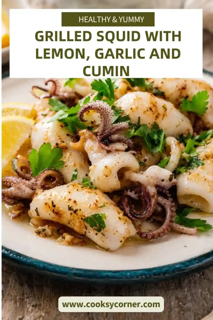 Mediterranean grilled squid seasoned with cumin, garlic, lemon zest, sea salt, and olive oil. Dark grill marks contrast with the tender white squid and fresh green coriander.