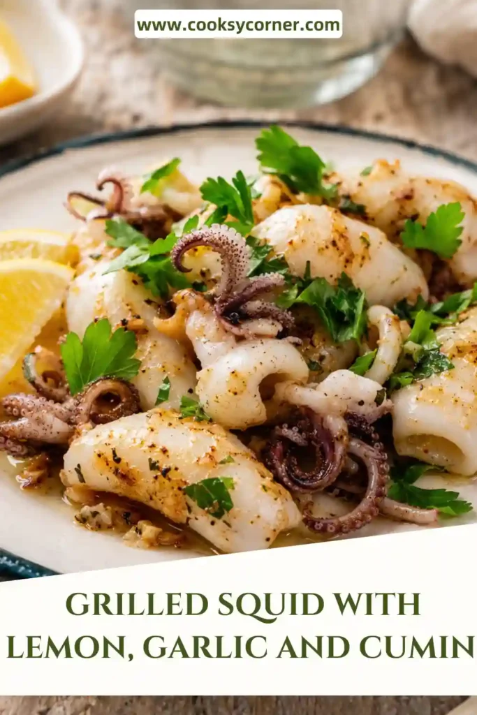 Easy grilled squid with charred edges, fresh lemon, garlic, cumin, and chopped coriander. The seafood is arranged on a serving platter with bright lemon wedges.
