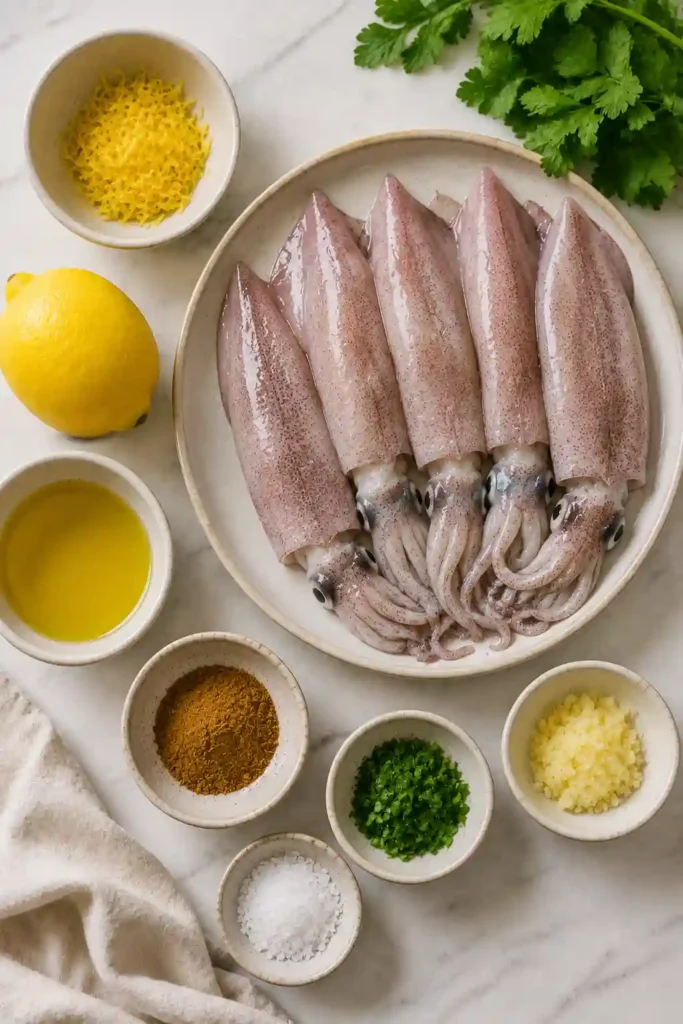 Lemon garlic squid fresh from the grill with smoky char marks and tender tentacles. Fresh coriander, cumin, olive oil, and lemon create a bright Mediterranean-inspired seafood dish.