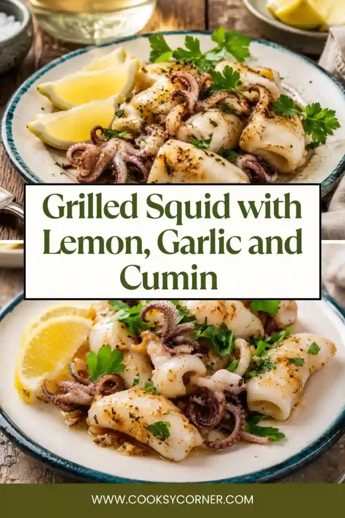 Grilled Squid with Lemon, Garlic and Cumin served with fresh coriander and lemon wedges. The tender squid has smoky golden grill marks and a light coating of olive oil and herbs.