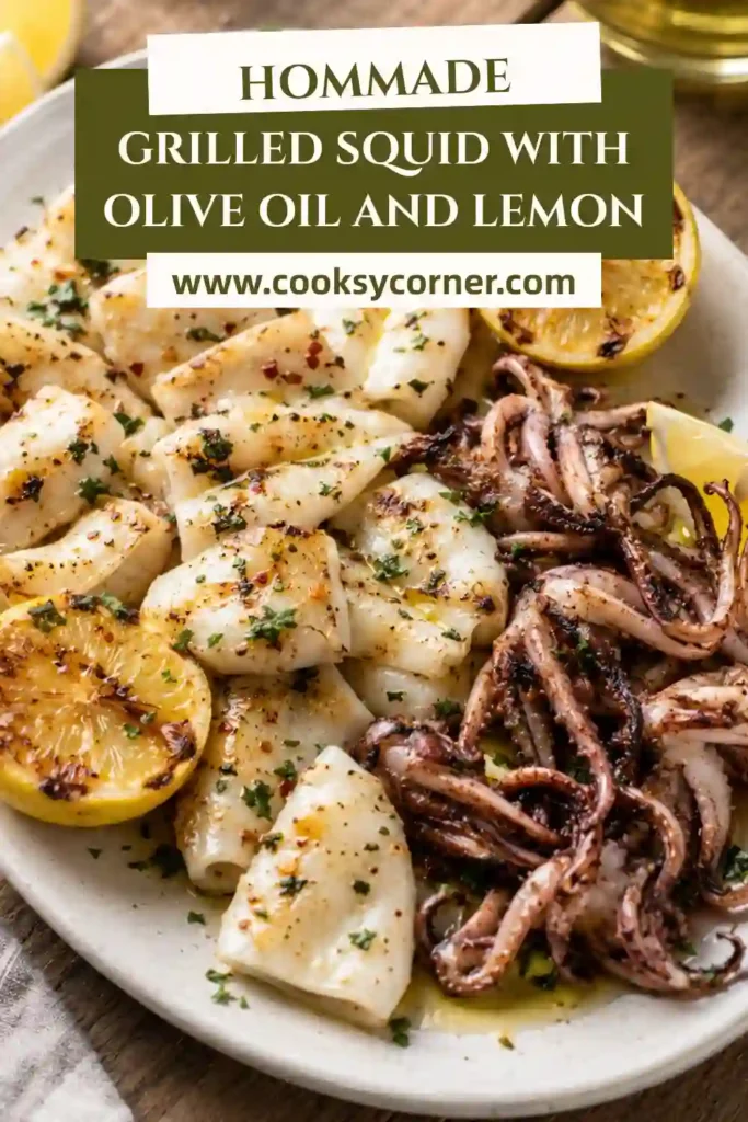 Grilled Squid with lightly charred edges served with extra-virgin olive oil, chopped parsley, and fresh lemon wedges. The tender seafood has a simple Mediterranean-style presentation.