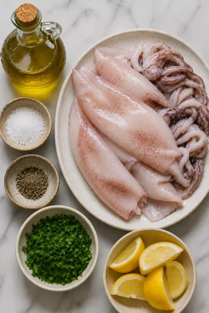 Mediterranean grilled calamari with visible char marks, chopped parsley, and fresh lemon. A drizzle of extra-virgin olive oil gives the tender squid a glossy finish.
