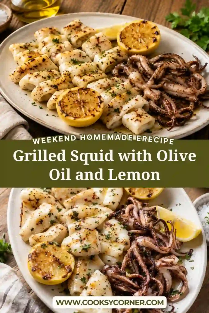 Freshly Grilled Squid finished with olive oil, kosher salt, cracked black pepper, parsley, and lemon wedges. The squid is lightly browned and charred from high-heat grilling.