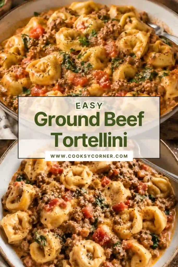 Easy beef tortellini recipe made with browned ground beef, cheese tortellini, spinach, tomatoes, and creamy Parmesan sauce. Fresh basil adds color to the finished pasta.