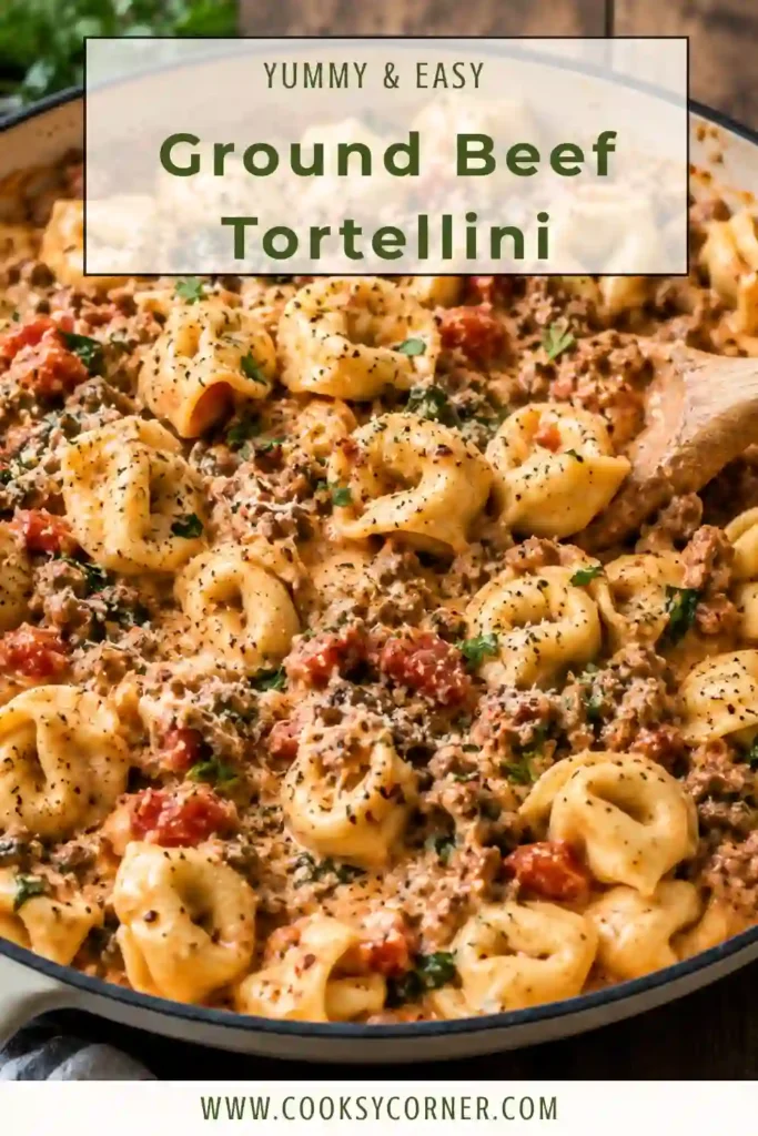 Ground Beef Tortellini served in a creamy tomato Parmesan sauce with spinach and seasoned beef. Fresh basil and grated Parmesan finish this comforting pasta dinner.