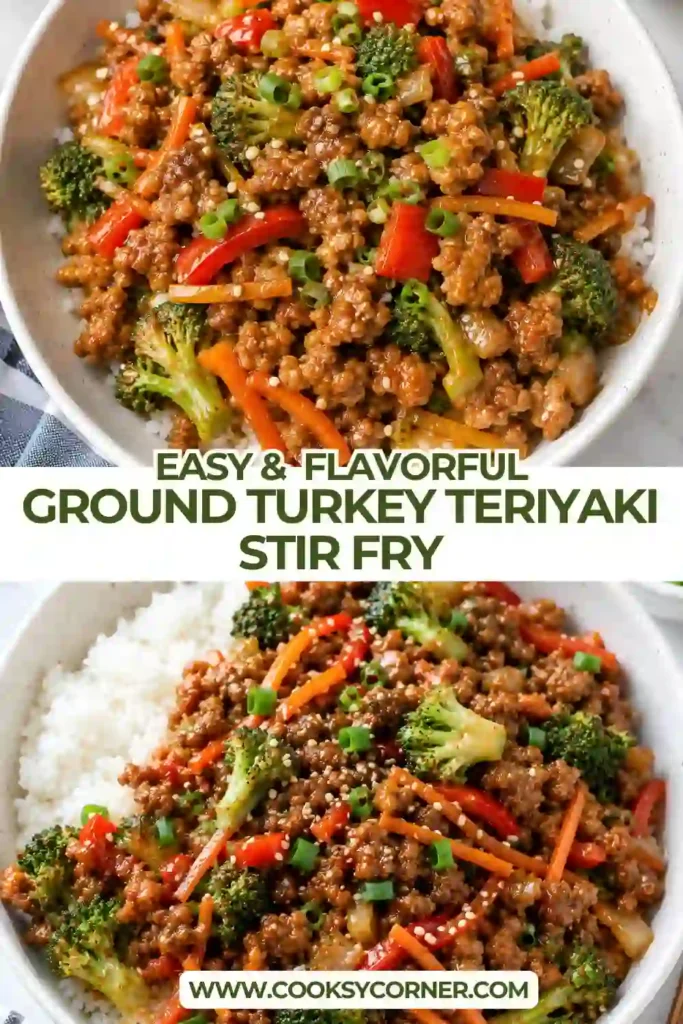 Homemade Ground Turkey Teriyaki Stir Fry featuring tender ground turkey, broccoli, carrots, and onion. The vegetables and turkey are coated in a sweet and savory teriyaki sauce.