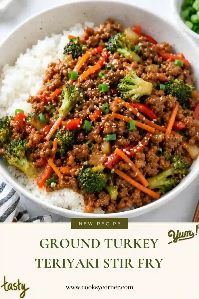 Ground Turkey Teriyaki Stir Fry with broccoli and shredded carrots coated in glossy homemade teriyaki sauce. This easy ground turkey dinner is served warm for a colorful weeknight meal.