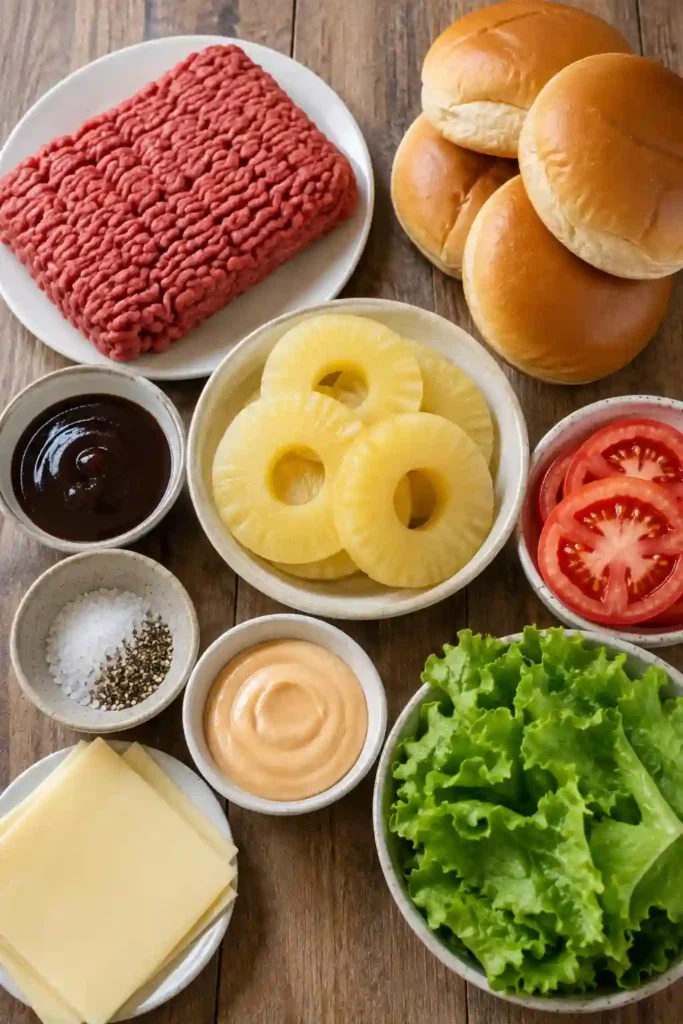 Teriyaki pineapple burger with a juicy grilled beef patty, caramelized pineapple, lettuce, tomato, and optional melted cheese. A golden toasted bun completes the Hawaiian-inspired burger.