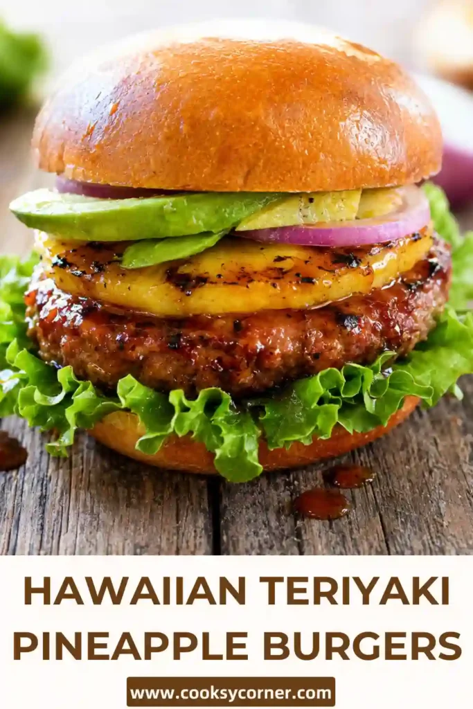 Hawaiian Teriyaki Pineapple Burgers with juicy grilled beef patties, caramelized pineapple rings, lettuce, tomato, and glossy teriyaki sauce on toasted buns. The burgers have a colorful tropical-inspired presentation.