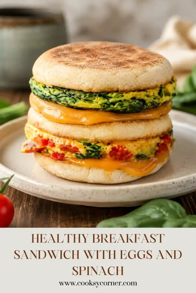 Meal prep breakfast sandwich with a thick baked egg patty, spinach, cherry tomatoes, and melted cheddar. A golden toasted English muffin holds the savory breakfast filling.