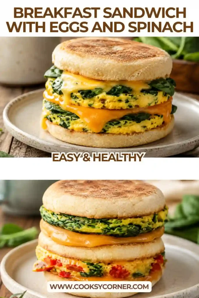 Healthy egg sandwich filled with baked eggs, spinach, tomatoes, onions, and cheddar cheese on a toasted English muffin. The colorful vegetables create a fresh and satisfying breakfast.