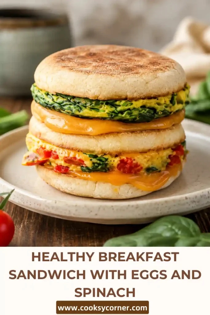 Healthy Breakfast Sandwich made with fluffy baked eggs, fresh spinach, cherry tomatoes, onions, and melted cheddar. The egg filling is served between toasted whole wheat English muffin halves.