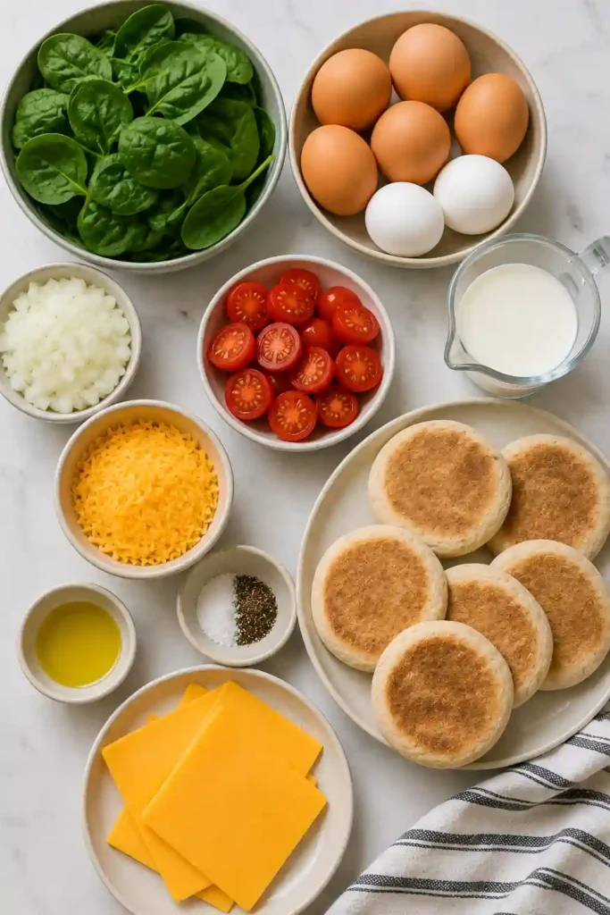 Easy breakfast sandwich featuring vegetable-packed eggs and melted cheddar between toasted English muffins. Fresh spinach, tomato, and onion add color and texture to the egg filling.